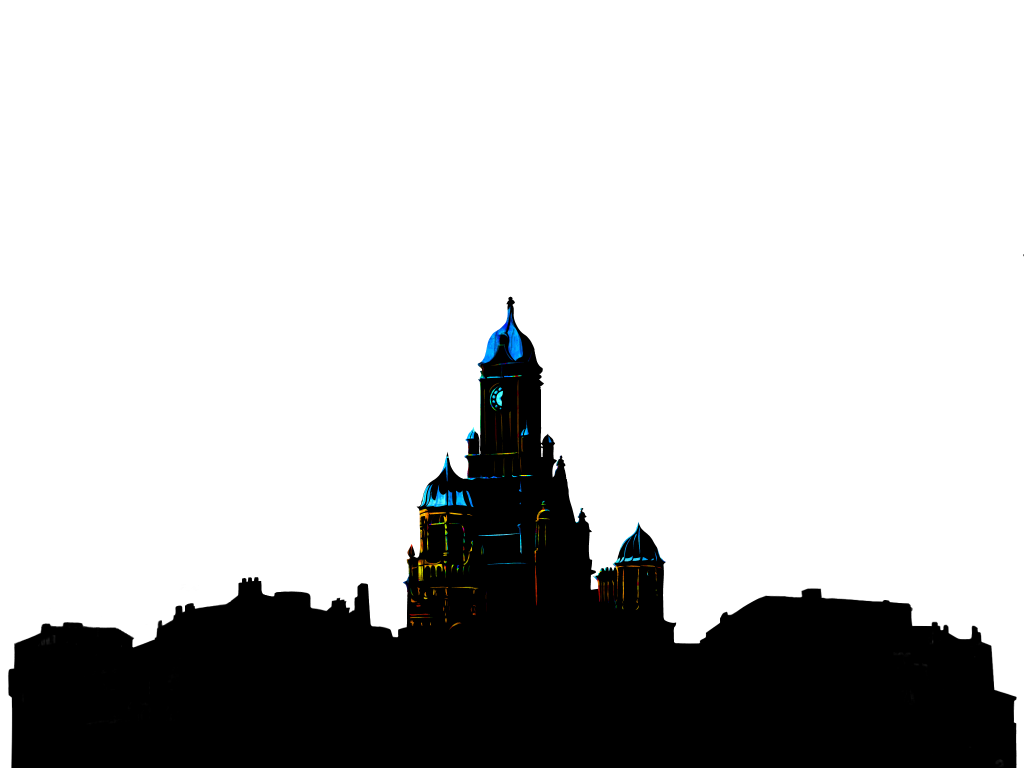 The silhoutte of a cityscape with a colored church.